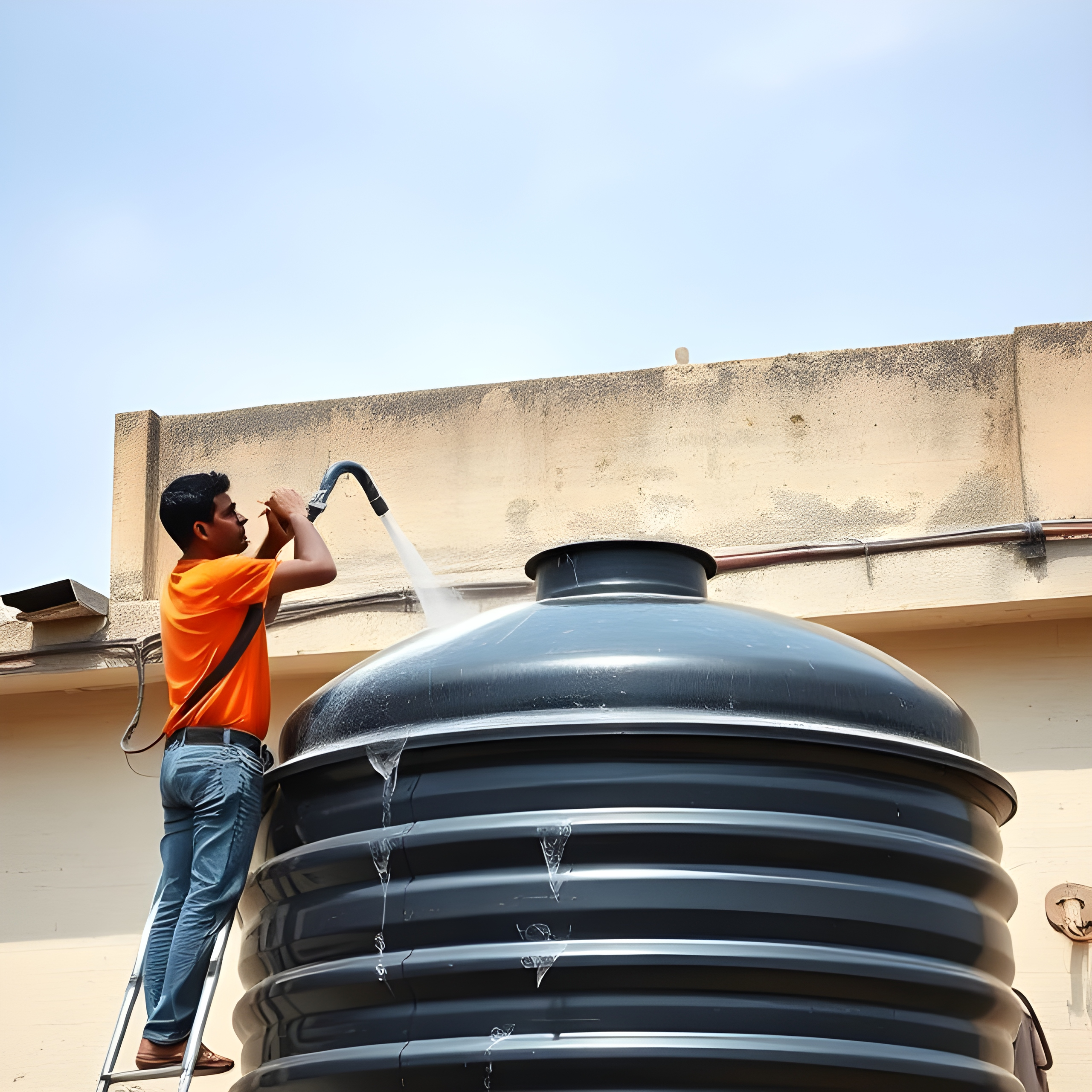 Overhead water tank sanitization with modern equipment